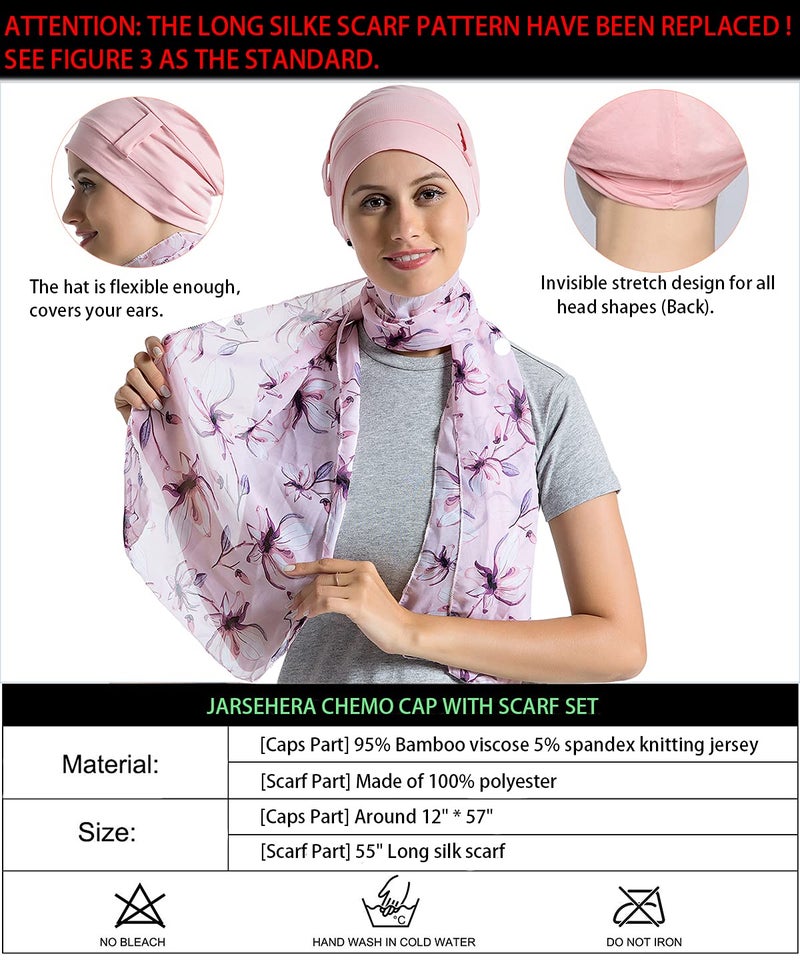 JarseHera Bamboo Cotton Liner Chemo Headwear for Womenwith Silky Scarfs for Cancer Hair Loss Sleep Caps Beanie Pink - Image 2